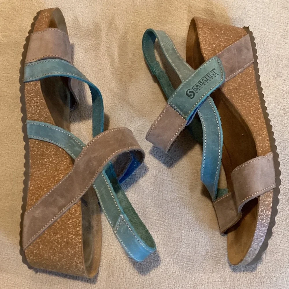 SABATINI Calzature Beige/Light Teal Leather Wedge Sandal, Women EU 39/US 8/UK 6